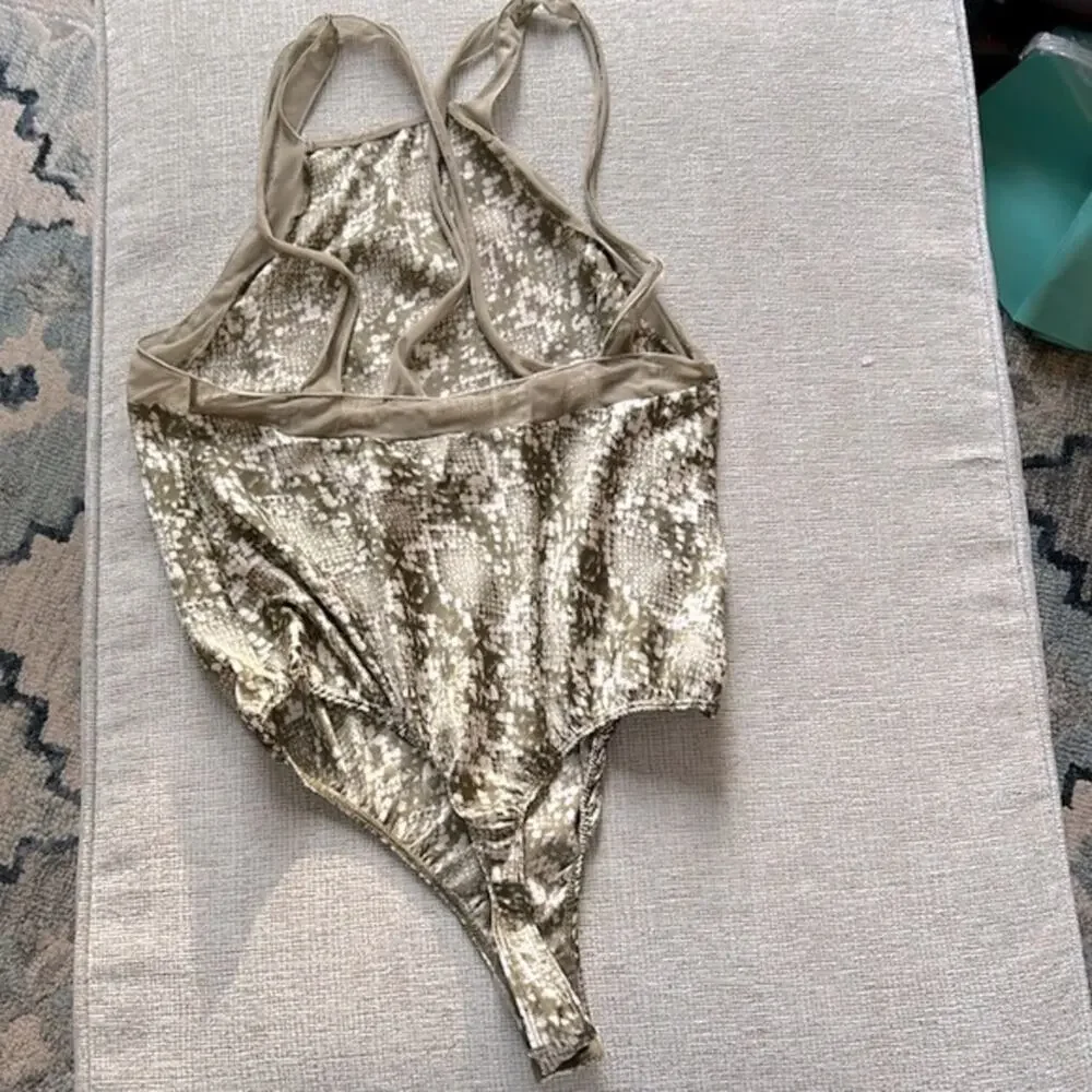 NEW Free People Night Out green Snake Skin print strappy thong Bodysuit
